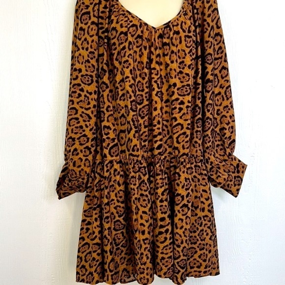 H&M - Brown & Black Cheetah Print Long Sleeve Tunic Tiered Dress Size Medium - Picture 6 of 11